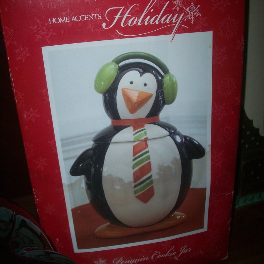 Vintage Home Accents Penguin Cookie Jar-Ceramic Christmas Decor Earmuff Handle